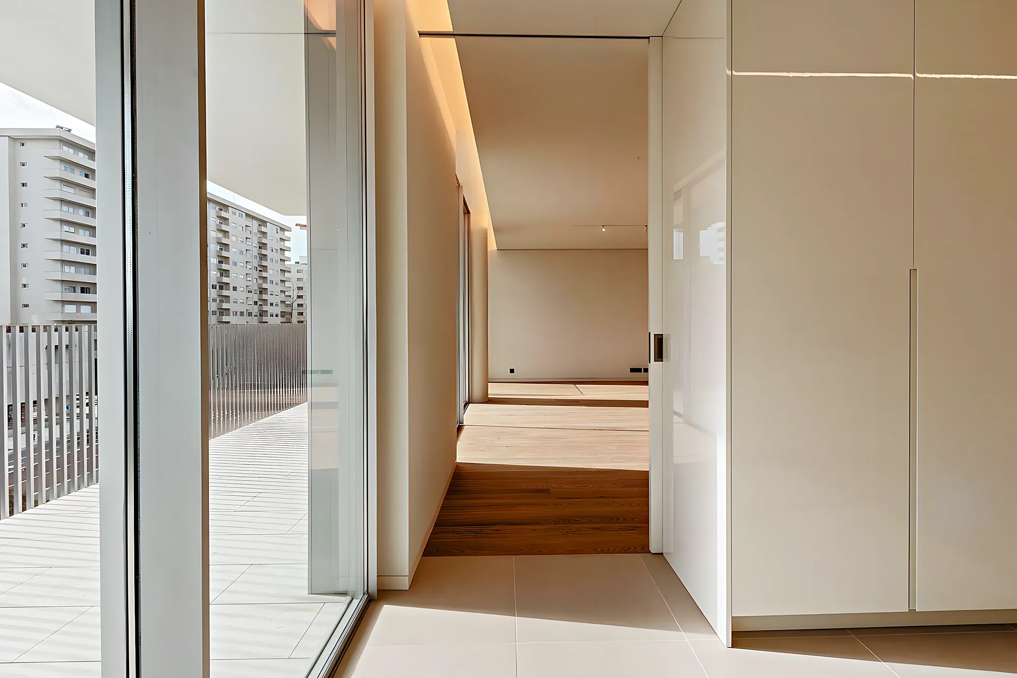Terraza con suelo de madera y vistas a los edificios — reforma en Los Pacos, Fuengirola